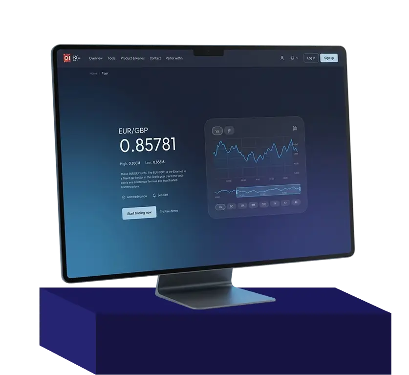 Professional fintech website design featuring a currency trading dashboard, market charts and analytics