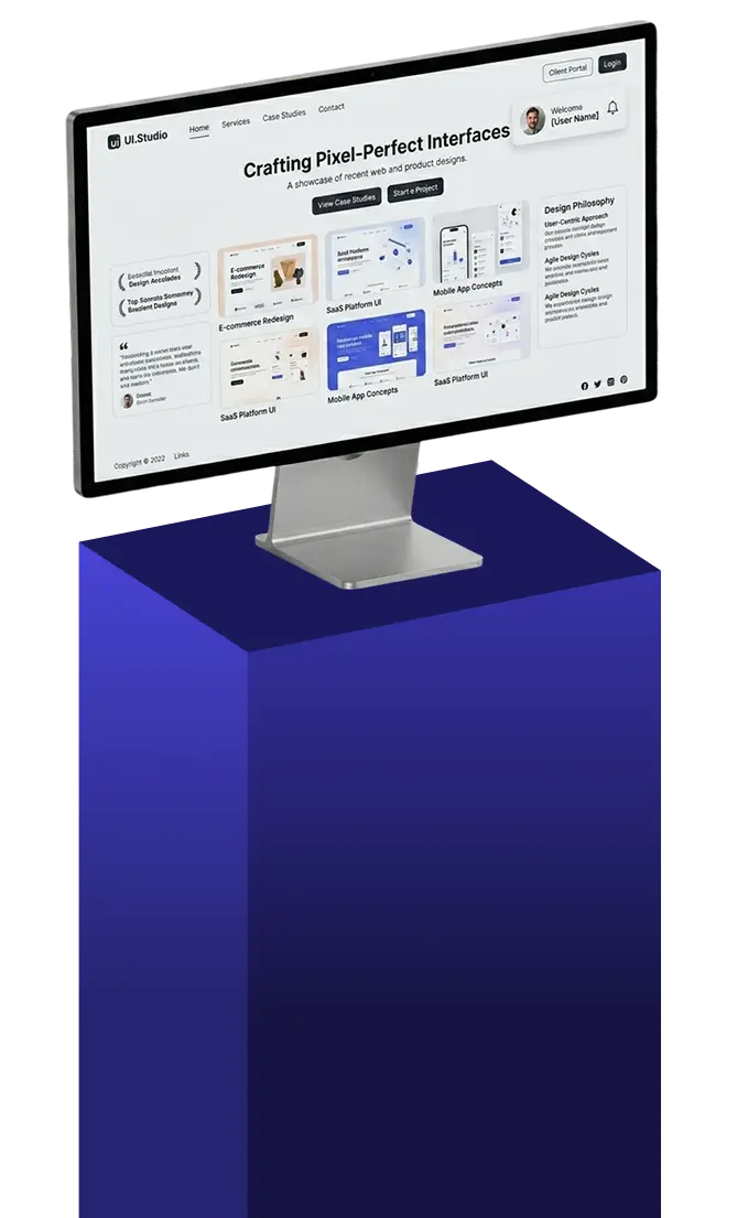 Modern business and e-commerce website design displayed on a desktop monitor with UI UX portfolio interface